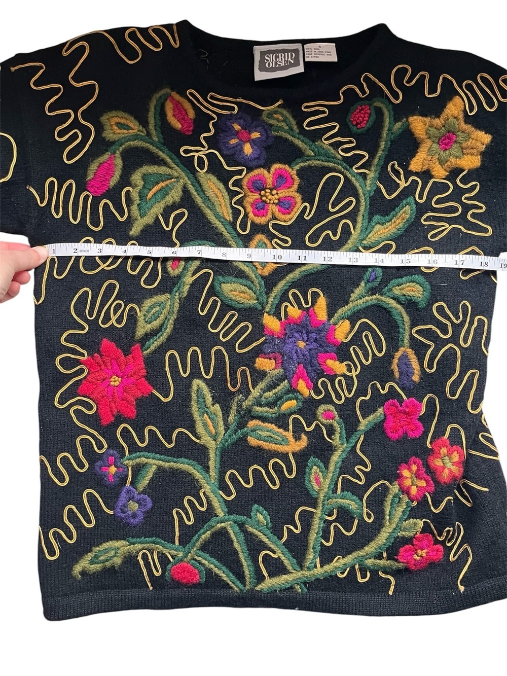 Sigrid Olsen Vintage 100 Wool Black Sweater with Multicolor Floral Embroidery - Picture 8 of 10